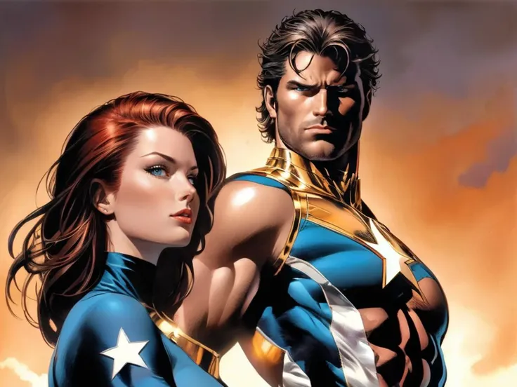 comic  a sexy pair of super hero siblings, 1boy, 1girl, <lora:mike_deodato_xl_v1:0.5> Mike Deodato <lora:mkdrgs:0.7> hyperreal, hyperrealistic, hyperrealism, hyperrealistic painting, mkdrgs style, graphic illustration, comic art, graphic novel art, vibrant, highly detailed, high key lighting