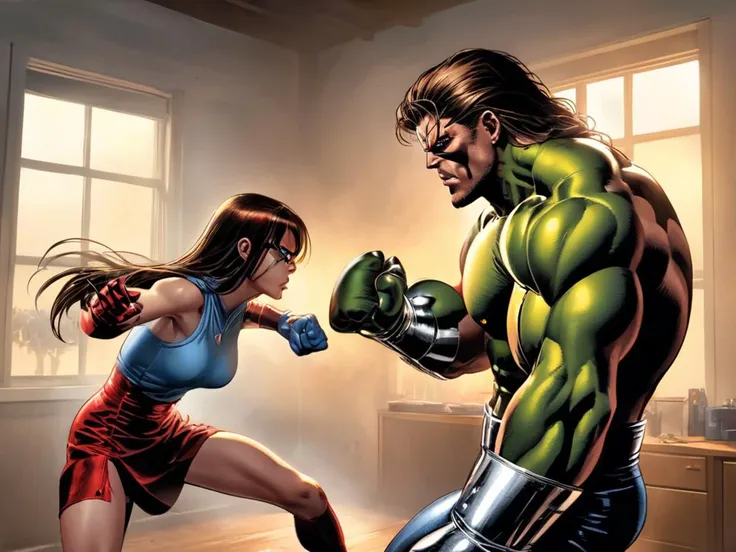 comic masterpiece, hdr, 8k, a villain and hero punching each other, 1boy, 1girl, full body shot, <lora:mike_deodato_xl_v1:0.5> Mike Deodato <lora:mkdrgs:0.7> hyperreal, hyperrealistic, hyperrealism, hyperrealistic painting, mkdrgs style, graphic illustration, comic art, graphic novel art, vibrant, highly detailed, high key lighting