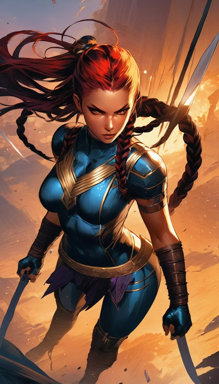 Amazon fighter, armor, fight, multicolored mixed colored hair, braids, flying though a paradox, action pose, cinematic scene, hero view, extremely beautiful piercing eyes, scenery, detailed background, masterpiece, best quality, high quality, highres, absurdres, very detailed, high resolution, sharp, sharp image, 8k, vivid, Mike Deodato <lora:mike_deodato_xl_v1:1>
