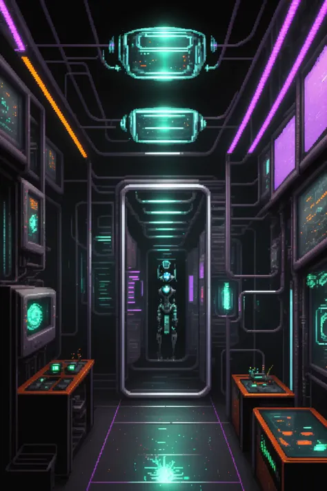 (( Cybernetic pet shop, glass enclosures housing robotic companions, their expressive LED eyes blinking with artificial emotions. )),sci-fi_pixels, pixel art