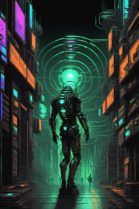Cybernetic buskers, musicians incorporating futuristic instruments into their performances, creating a symphony of analog and digital sounds. ,sci-fi_pixels, pixel art