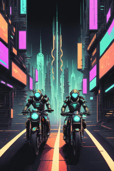 Hoverbike chase, adrenaline-pumping pursuit through a maze of towering skyscrapers, leaving trails of neon exhaust in its wake. ,sci-fi_pixels, pixel art