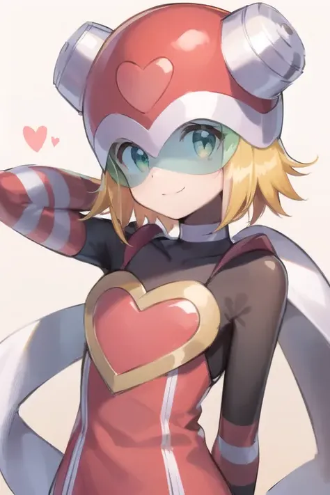 harpnote_megamansf, 1girl, solo, blonde hair, short hair, bodysuit, heart, (helmet), green eyes, smile, upper body, arms behind head, 2d, masterpiece, best quality, anime, high quality, <lora:Harp_Note_MegaMan_StarForce_V-08:1>