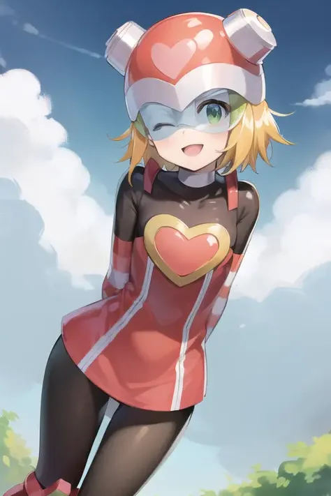 harpnote_megamansf, 1girl, solo, blonde hair, short hair, bodysuit, heart, (helmet), green eyes, smile, one eye closed, arms behind back, masterpiece, high quality, <lora:Harp_Note_MegaMan_StarForce_V-08:0.9>
