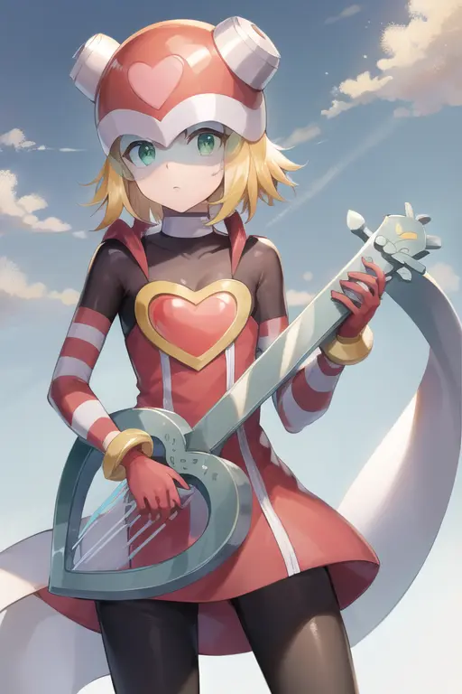 harpnote_megamansf, 1girl, solo, blonde hair, short hair, bodysuit, heart, helmet, green eyes, holding instrument, instrument, masterpiece, high quality, <lora:Harp_Note_MegaMan_StarForce_V-08:0.9>