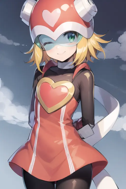 harpnote_megamansf, 1girl, solo, blonde hair, short hair, bodysuit, heart, (helmet), green eyes, smile, one eye closed, arms behind back, masterpiece, high quality, <lora:Harp_Note_MegaMan_StarForce_V-08:0.9>