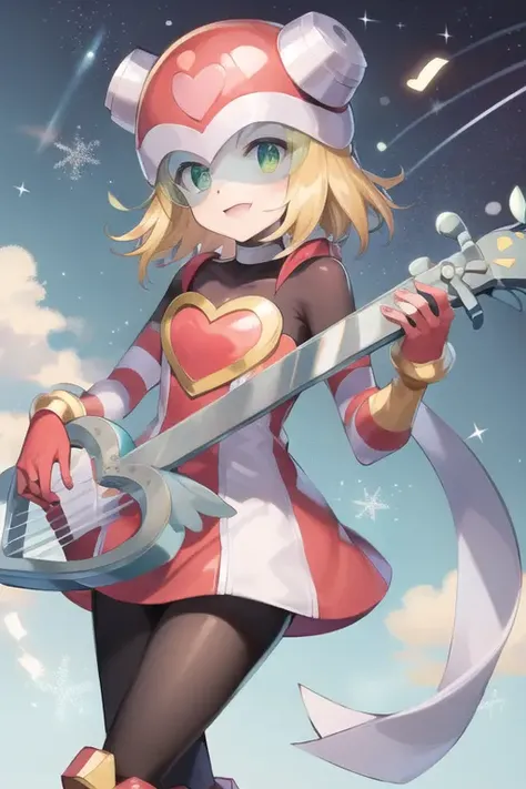harpnote_megamansf, 1girl, solo, blonde hair, short hair, bodysuit, heart, helmet, green eyes, smile, holding instrument, instrument, masterpiece, high quality, <lora:Harp_Note_MegaMan_StarForce_V-08:0.9>