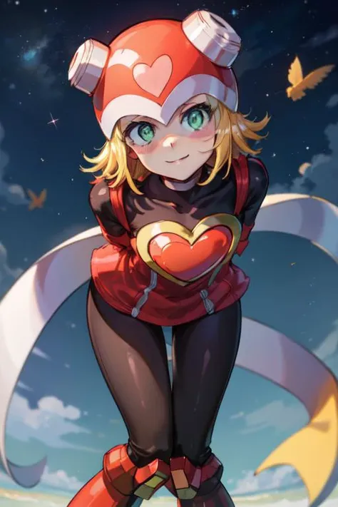 masterpiece,best quality,1girl,harpnote_megamansf,blonde hair,short hair,bodysuit,heart,((helmet)),green eyes,smile,leaning forward,arms behind back,looking at viewer,<lora:Harp_Note_MegaMan_StarForce_V>,