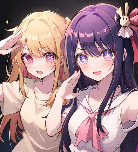 HoshinoAi; Ruby; fanart; 2girls, multiple girls, shirt,   purple hair, simple background, selfie, glow stick, cowboy shot, high resolution, salute,  
collarbone, blush, white shirt, open mouth,   symbol-shaped pupils, blonde hair, long hair, sparkle, lighting, sparkle background, 
<lyco:oshinoko-ep04-cs2-loha-step-30000:1>