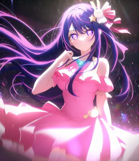 HoshinoAi; fantastic background,  
1girl, cowboy shot, solo, intricate details,  light spots,  dark,  
 colorful,   concert, glow, night, starry sky,
hair ornament, dress, bare shoulders,  detached sleeves,  white sleeves, pink dress, sleeveless dress,   looking at viewer, idol
<lyco:oshinoko-ep04-cs2-loha-step-30000:1>