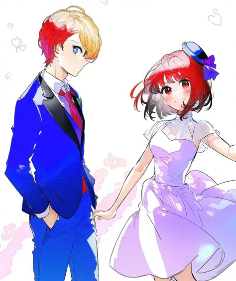 AirmaKana; Aquamarine; fanart; 1boy, 1girl, white dress, red hair, pants, blue pants, necktie, wedding, white background, smile, legs apart,   blush, knees, blonde hair, dress, skirt, hat, blue skirt, wedding dress
<lyco:oshinoko-ep04-cs2-loha-step-30000:1>