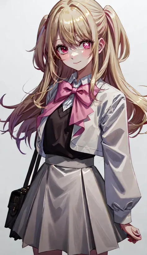 <lora:detailed_eye:0.5> <lora:oshinoko-s1:1> <lora:more_details:0.5>
Ruby; fantal; 1girl, solo, white border, cropped jacket, white shirt, bow, bag, sparkle, grey skirt, collared shirt, shirt, black vest, blonde hair, outline, long sleeves, mismatched pupils, sidelocks, pink bow, swept bangs, white socks, blush, white outline, blue jacket, vest, skirt, bowtie, school uniform, brown footwear, socks, one side up, pink bowtie, border, long hair, youtou high school uniform, symbol-shaped pupils, closed mouth, hands, standing
Looking at viewer, upper body, smile