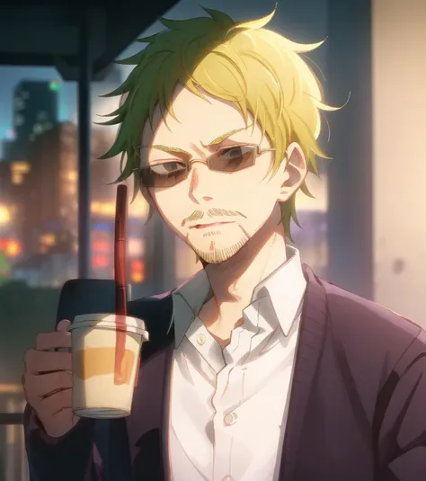 SaitoIchigo; 1boy,  solo focus, blurry foreground, blurry, white shirt, sunglasses, disposable cup, holding, cup, jacket, shirt, facial hair, blonde hair
<lyco:oshinoko-ep04-cs2-loha-step-30000:1>