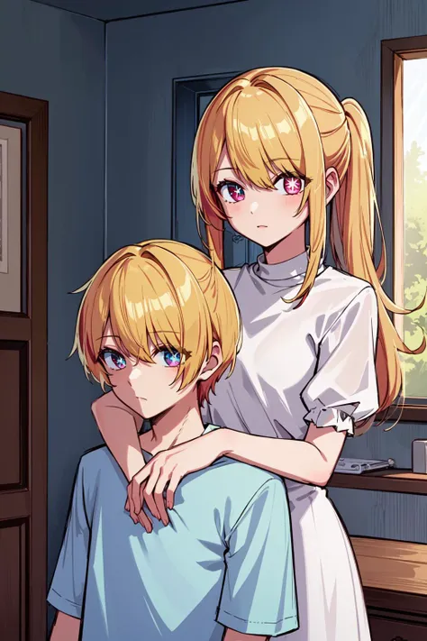 (masterpiece:1.2, best quality), (highly detailed:1.3), 1girl,1boy, 1girl,1boy,home clothes,blonde hair,at home
detailed background, Ruby,hug from behind, Aquamarine
<lyco:oshinoko-s1-step-60000:1>