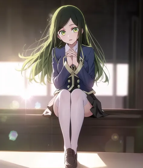 ShiranuiFrill; 1girl, solo, Film studio,  dark,  backlighting, beautiful eyes,  full body, (lens flare abuse:1.3)
youtou high school uniform, blue jacket, cropped jacket, jacket, mole under mouth, green hair,  school uniform, white shirt, long sleeves, collared shirt, shirt,  parted lips, buttons,  perfect hands, roof, blurry background, skirt, white thighhighs, shoes
<lyco:oshinoko-s1-step-60000:1.0>