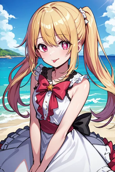 (masterpiece:1.2, best quality), (highly detailed:1.3), blonde hair, side ponytails,  looking at viewer, 1girl, solo,dress,smile,tongue out
,seaside, The beach, 
detailed background, Ruby,
<lyco:oshinoko-s1-step-60000:1>