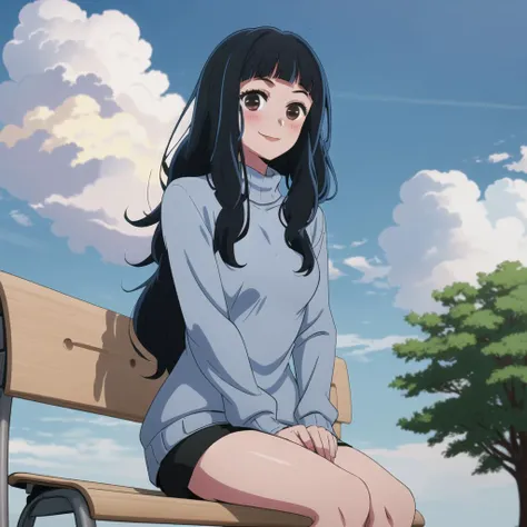 SumiYuki; fanart; 1girl, black hair, sweater, red ribbon, ((hand between legs)), very long hair, blue background, cloud, ribbon, blue sweater, long hair, smile, looking at viewer, blush, blue sky, park, sitting, flowers, thigh, bench, from below, road, japanese street <lyco:oshinoko-s1-step-60000:1.0>