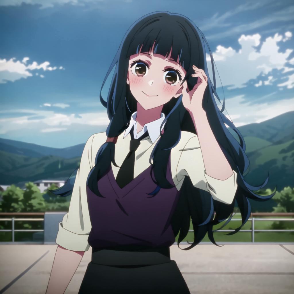 Anime girl with long black hair and a purple shirt and tie - SeaArt AI