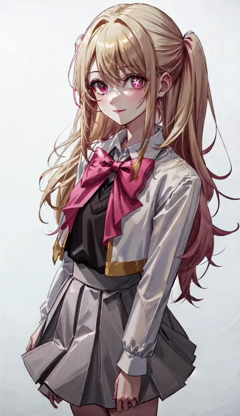 <lora:detailed_eye:0.5> <lora:oshinoko-s1:1> <lora:more_details:0.5>
Ruby; fantal; 1girl, solo, white border, cropped jacket, white shirt, bow, bag, sparkle, grey skirt, collared shirt, shirt, black vest, blonde hair, outline, long sleeves, mismatched pupils, sidelocks, pink bow, swept bangs, white socks, blush, white outline, blue jacket, vest, skirt, bowtie, school uniform, brown footwear, socks, one side up, pink bowtie, border, long hair, youtou high school uniform, symbol-shaped pupils, closed mouth, hands, standing
Looking at viewer, upper body, smile