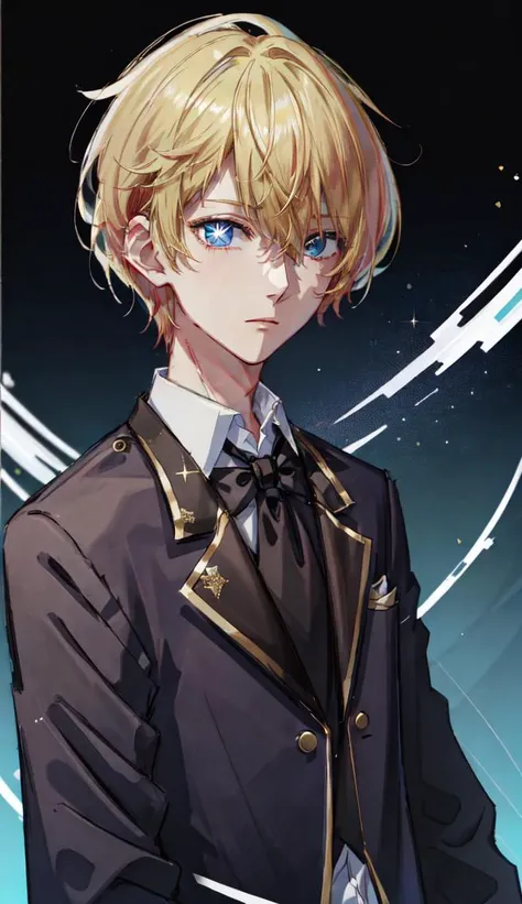 <lora:detailed_eye:0.5> <lora:oshinoko-s1:1> <lora:more_details:0.5>
Aquamarine; fantal; 1boy, solo, white border, cropped jacket, white shirt, bow, sparkle, collared shirt, shirt, black vest, pants, blonde hair, outline, long sleeves, mismatched pupils, blush, white outline, blue jacket, vest, school uniform, brown footwear, border, youtou high school uniform, symbol-shaped pupils, closed mouth, star \(symbol\),
Looking at viewer, upper body