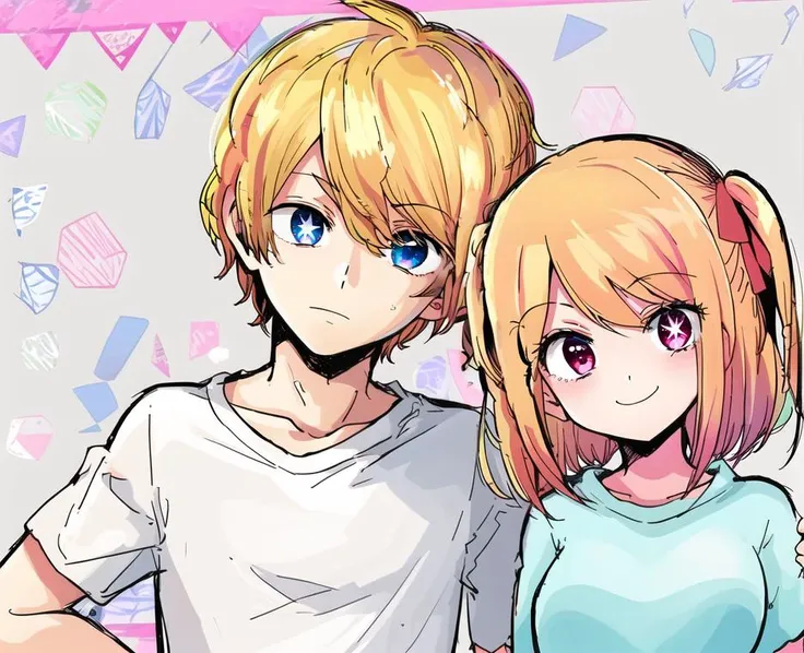 hair, Aquamarine; Ruby; 1boy, 1girl, smile, t-shirt, head tilt, signature, looking at viewer, shirt, red eyes, blue eyes
 <lyco:oshinoko_0414_extract32783_convP01_linearP04:0.95>