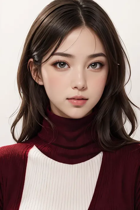 <lora:mn001:0.8>,mn,1girl,solo,realistic,looking at viewer,(red turtleneck sweater:1.2),brown hair,simple background,lips,portrait,closed mouth,coat,white background,