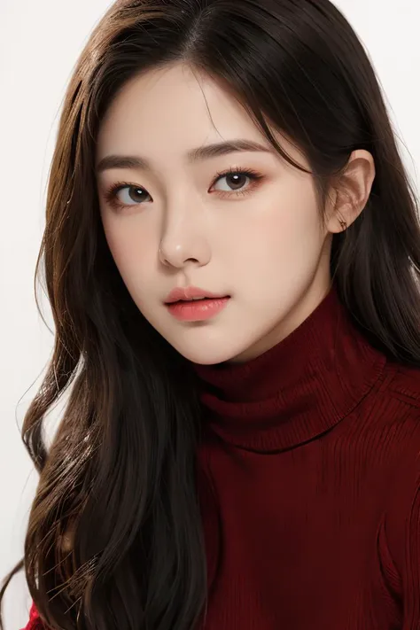 <lora:mn001:0.8>,mn,1girl,solo,realistic,looking at viewer,(red turtleneck sweater:1.2),brown hair,simple background,lips,portrait,closed mouth,coat,white background,