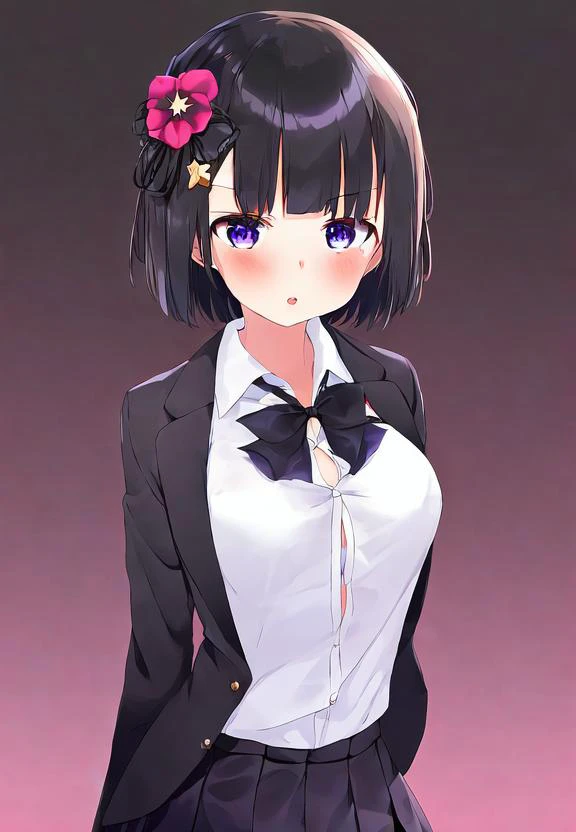 1girl, blazer uniform, flat, hair flower,star hair ornament, short hair,parted lips,looking at viewer,black ribbon,by kaisen chuui,solo,blunt bangs,black flower,hair ribbon,gradient background,star (symbol), skirt