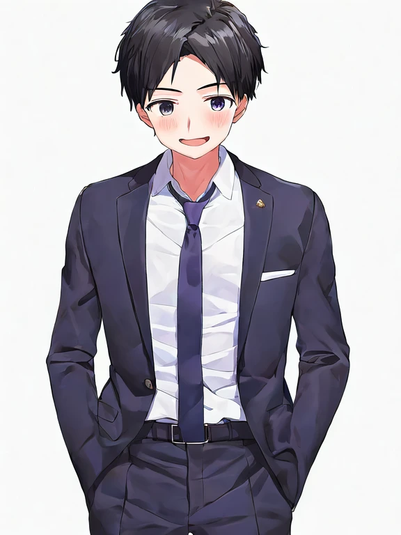 1boy, solo, blazer uniform, tie, smile, bold outlines, simple background, anatomy, by kaisen chuui