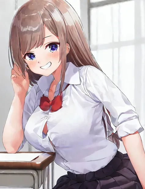 by kaisen chuui, 1girl, solo, white collared shirt, smile, anatomy, looking at viewer, classroom