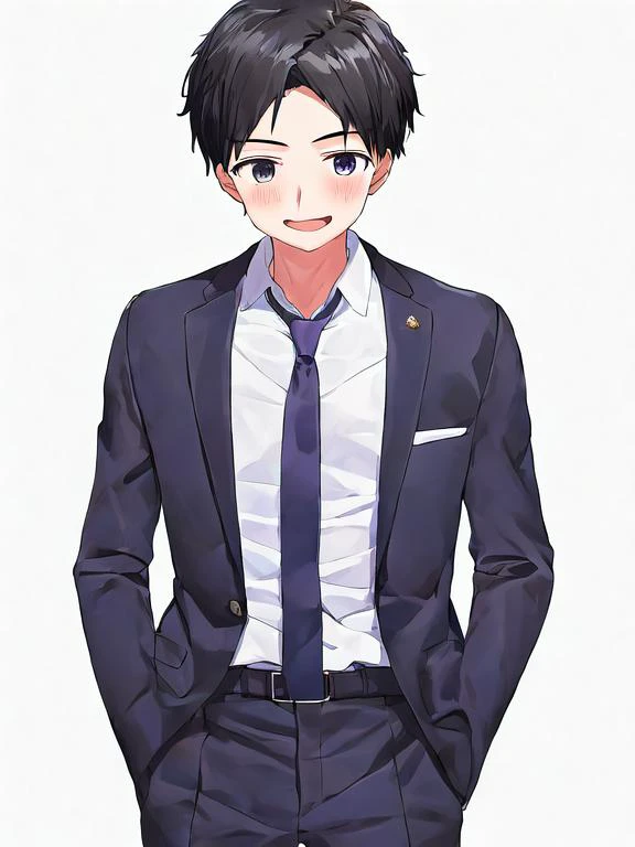 1boy, solo, blazer uniform, tie, smile, bold outlines, simple background, anatomy, by kaisen chuui