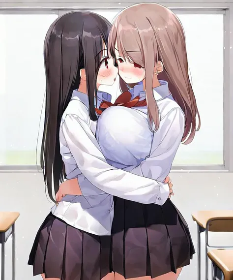 2girls, classroom, by kaisen chuui, red ribbon, white collar shirt, pleated skirt, eyes, bangs, emotion, hug, anatomy, passionate gaze, blush, symmetric face