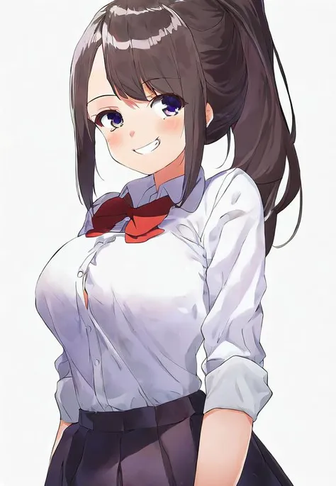 ponytail, by kaisen chuui, 1girl, solo, white collared shirt, smile, simple background, anatomy, looking at viewer, smug