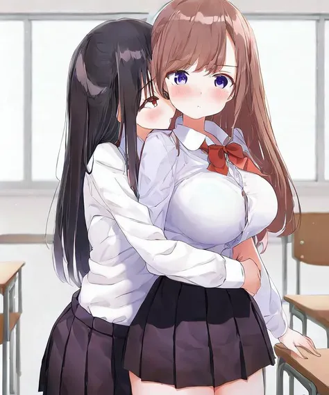 2girls, classroom, by kaisen chuui, red ribbon, white collar shirt, pleated skirt, eyes, bangs, emotion, hug, anatomy, photograph