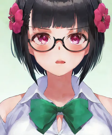 hair flower,star hair ornament,glasses,collared shirt,green bowtie,1girl,short hair,buttons,parted lips,looking at viewer,portrait,cropped shoulders,black ribbon,by kaisen chuui,solo,blunt bangs,black flower,hair ribbon,gradient background,star (symbol)
