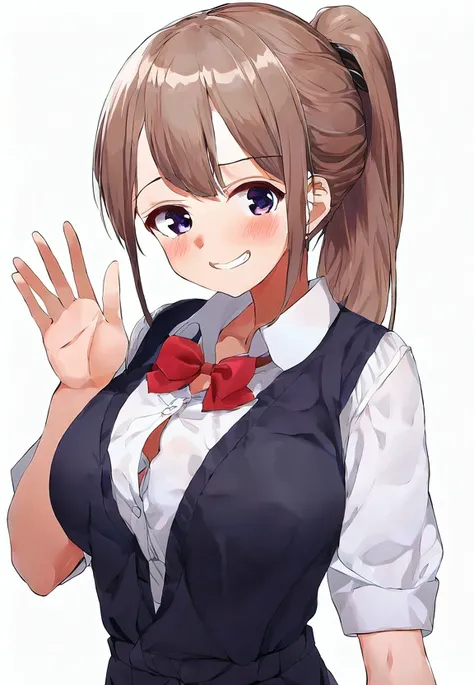 ponytail, by kaisen chuui, 1girl, solo, white collared shirt, smile, simple background, anatomy, upper body, looking at viewer, smug, waving