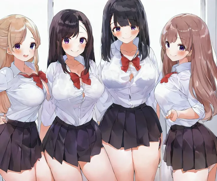 multiple girls, classroom, by kaisen chuui, red ribbon, white collar shirt, pleated skirt, eyes, bangs, smile