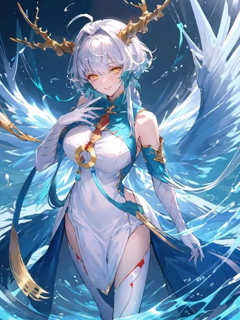 masterpiece,best quality,highres,cinematic lighting,dramatic angle,1girl,horns,white hair,gradient hair,braids,yellow eyes,symbol-shaped pupils, glowing eyes,white dress,bare shoulders,<lora:ShadowverseSilongDividedV11-000030:0.8:lbw=forte>,elbow gloves,thighhighs,scales,tassel,jewelry,evil smile,shaded face,wings,tail,water,(fan,right hand holding opened fan,shanzi:1.2),parted lips,left hand on own hip,walking,from above,right hand on own cheek