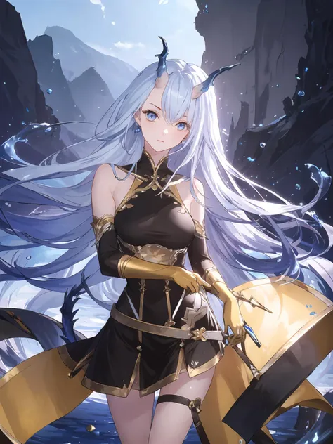 masterpiece,best quality,highres,cinematic lighting,dramatic angle,1girl,light blue hair,horns,broken horn,blue eyes,single wing,black dress,bare  shoulders,gauntlets,yellow gloves,water,looking at viewer,scales,long hair,<lora:ShadowverseMizuchiDivivedV1-000012:0.8:lbw=forte>,tail,skirt,thigh strap,clothing cutout