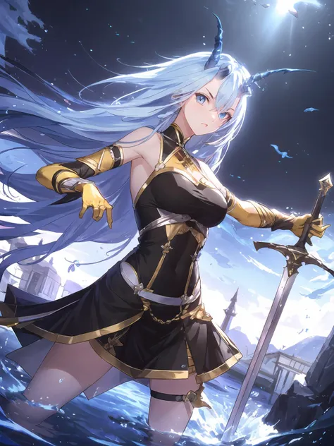 masterpiece,best quality,highres,cinematic lighting,dramatic angle,1girl,light blue hair,horns,broken horn,blue eyes,single wing,black dress,bare  shoulders,gauntlets,yellow gloves,water,looking at viewer,scales,long hair,<lora:ShadowverseMizuchiDivivedV1-000012:0.8:lbw=forte>,tail,skirt,thigh strap,clothing cutout,serious,holding sword,figthing stance,fence,dynamic angle,action pose,dynamic pose