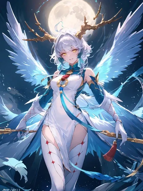 masterpiece,best quality,highres,cinematic lighting,dramatic angle,1girl,white hair,gradient hair,horns,yellow eyes,glowing eyes,looking at viewer,white dress,bare shoulders,scales,wings,tail,thighhighs,elbow gloves,shaded face,<lora:ShadowverseSilongDividedV11-000030:0.8:lbw=forte>,pelvic curtain,evil smile,parted lips,tassel,moon,from below,braids,holding opened fan,shanzi