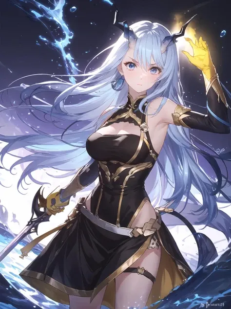 masterpiece,best quality,highres,cinematic lighting,dramatic angle,1girl,light blue hair,horns,broken horn,blue eyes,single wing,black dress,bare  shoulders,gauntlets,yellow gloves,water,looking at viewer,scales,long hair,<lora:ShadowverseMizuchiDivivedV1-000012:0.8:lbw=forte>,tail,skirt,thigh strap,clothing cutout,serious,holding sword,figthing stance,fence,dynamic angle,action pose,dynamic pose