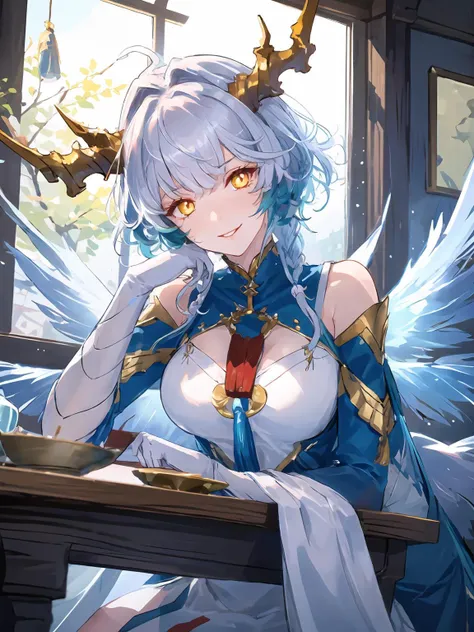 masterpiece,best quality,highres,cinematic lighting,dramatic angle,1girl,horns,white hair,gradient hair,braids,yellow eyes,symbol-shaped pupils, glowing eyes,white dress,bare shoulders,<lora:ShadowverseSilongDividedV11-000030:0.8:lbw=forte>,tassel,elbow gloves,scales,tassel,jewelry,evil smile,shaded face,wings,tail,parted lips,sitting,indoors,wooden architectures,chair,blue sky,window,striahgt-on,close-up,head tilt,table,across table,sake,drinking wine,sakezuki