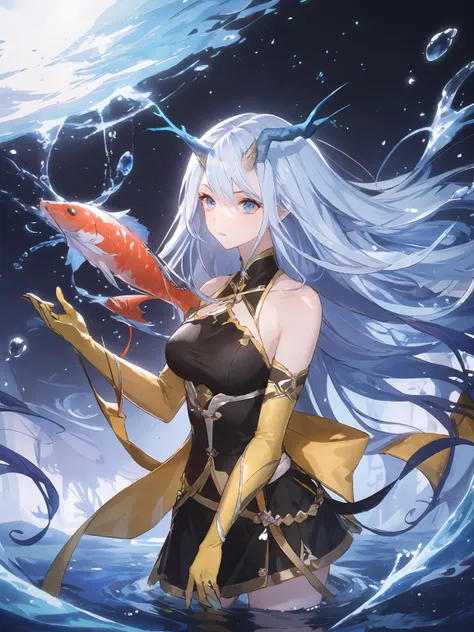 masterpiece,best quality,highres,cinematic lighting,dramatic angle,1girl,light blue hair,horns,broken horn,blue eyes,single wing,black dress,bare  shoulders,gauntlets,yellow gloves,water,scales,long hair,<lora:ShadowverseMizuchiDivivedV1-000012:0.8:lbw=forte>,tail,skirt,thigh strap,clothing cutoutbubbles,(Koi carp,facny carp,petting fish:1.1),floating hair,floating in water,spread fingers,thinking,looking down