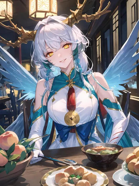 masterpiece,best quality,highres,cinematic lighting,dramatic angle,1girl,horns,white hair,gradient hair,braids,yellow eyes,symbol-shaped pupils, glowing eyes,white dress,bare shoulders,<lora:ShadowverseSilongDividedV11-000030:0.8:lbw=forte>,elbow gloves,scales,tassel,jewelry,evil smile,shaded face,wings,tail,sitting,across table,sitting on chair,sakazuki,wooden furniture,indoors,byobu,pov,straight-on,table,head tilt,sake,food,mooncake,baozi,dumplings,noodles,peach,parted lips