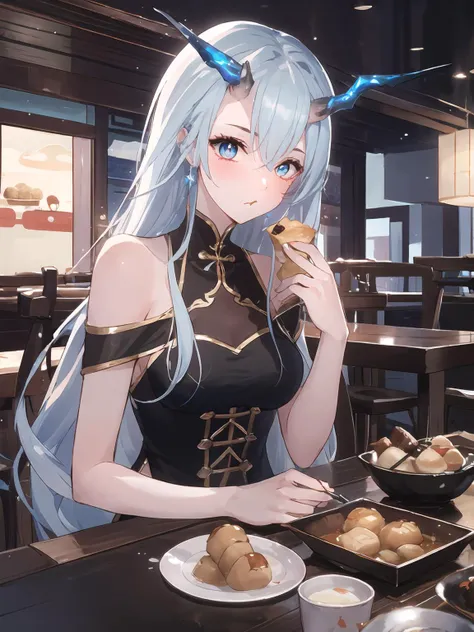 masterpiece,best quality,highres,cinematic lighting,dramatic angle,1girl,light blue hair,horns,broken horn,single horn,blue eyes,single wing,long hair,black dress,bare shoulders,<lora:ShadowverseMizuchiDivivedV1-000012:0.8:lbw=forte>,tail,sparkles,star-shaped pupils,eating,baozi,dumplings,dessert,chinese restaurant,table,chewing,eating,sitting across table