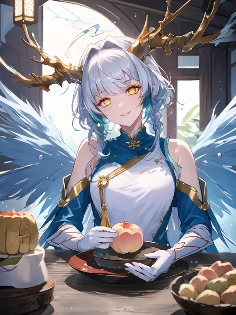 masterpiece,best quality,highres,cinematic lighting,dramatic angle,1girl,horns,white hair,gradient hair,braids,yellow eyes,symbol-shaped pupils, glowing eyes,white dress,bare shoulders,<lora:ShadowverseSilongDividedV11-000030:0.8:lbw=forte>,elbow gloves,scales,tassel,jewelry,evil smile,shaded face,wings,tail,sitting,across table,sitting on chair,sakazuki,wooden furniture,indoors,byobu,pov,straight-on,table,head tilt,sake,food,mooncake,baozi,dumplings,noodles,peach,parted lips