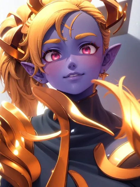 (masterpiece, best quality),space background,face,portrait,upper body,sovasub,forehead mark,ponytail,<lora:SovaSubverse_V1-Manityro:1>,sovafit,smirk,horns,blush,
