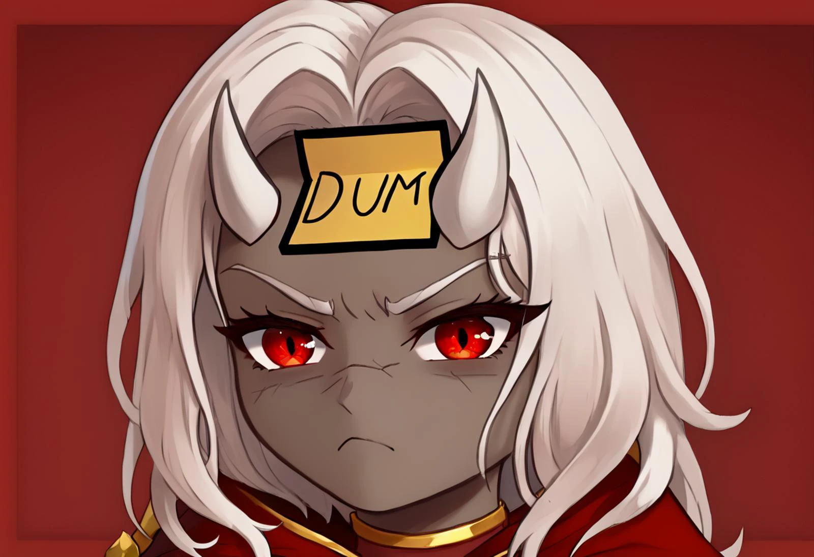 best quality, masterpiece, score_9, score_8_up, score_7_up, BREAK
calamitas, 1girl, solo, dark skin, white hair, demon horns, gold trim, red cape, red robe, long sleeves, black gloves, red leggings, gold belt, annoyed expression, looking at viewer
dumstickyNote, sticker, sticker on head
dark red background
<lora:terraria_calamitas_ponyXL:1> <lora:DumStickyNote_XLPD:1.2>