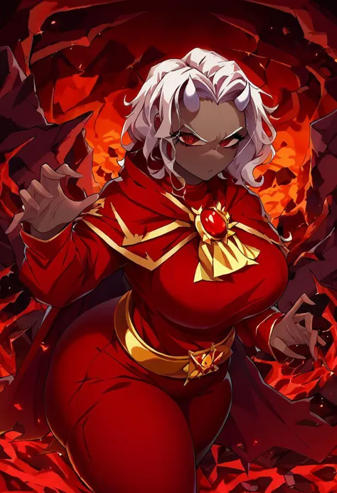 score_9, score_8_up, score_7_up, source_anime, solo, 1girl, calamitas, dark skin, looking at viewer, cast pose, white hair, demon horns, large breasts, large ass, gold trim, red cape, red robe, yellow ascot, long sleeves, red leggings, gold belt, molten rock, volcano <lora:terraria_calamitas_ponyXL:1>